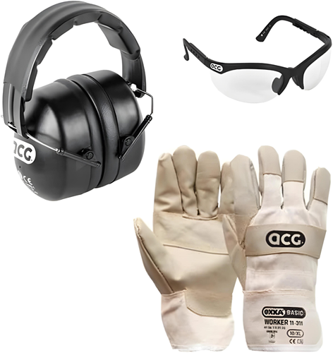 Satz Sicherheitszubehör – Schutzbrille – Handschuhe – Ohrenschützer